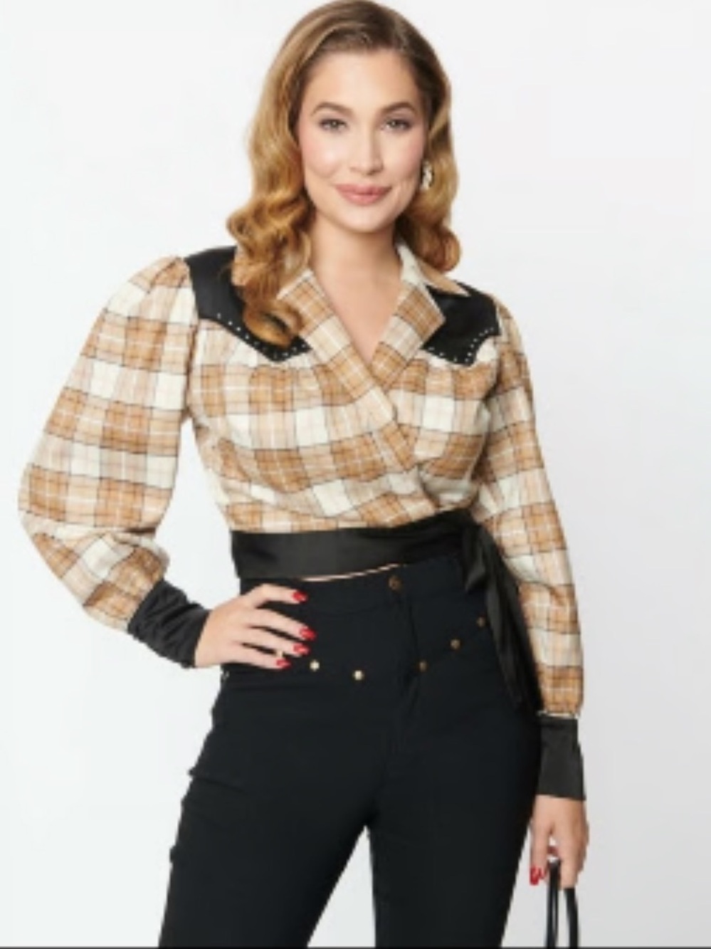 Unique Vintage - Brown Sparkle Plaid Western Wrap Crop Top